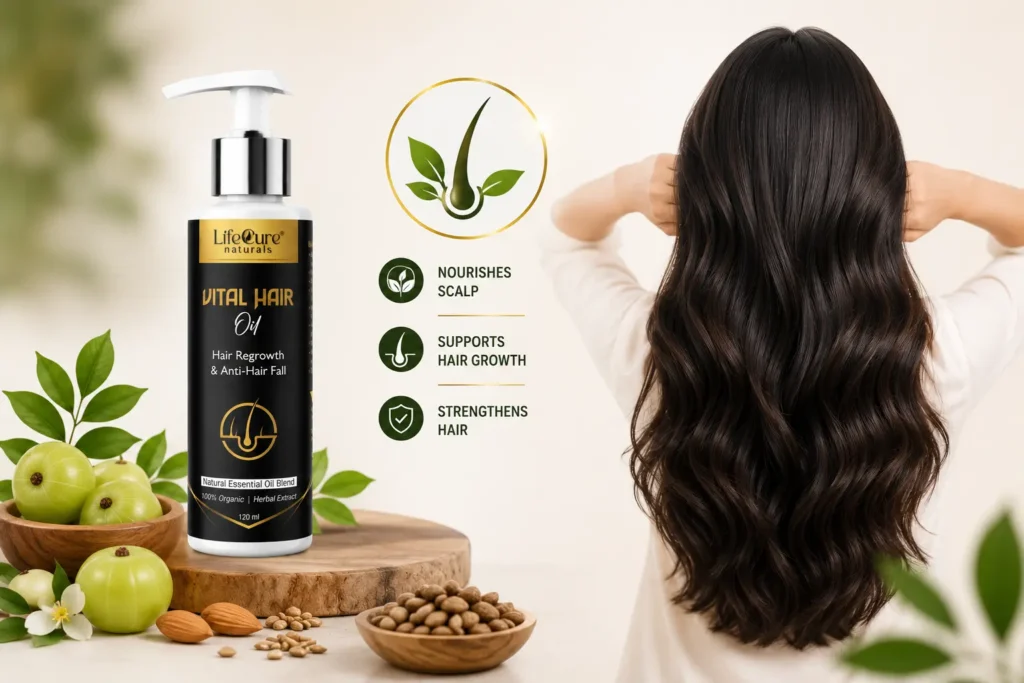 Vital Hair Oil supports scalp nourishment and healthier-looking hair as part of a regular hair care routine.